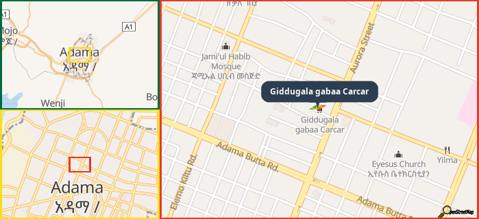 Map showing the address of Giddugala gabaa Carcar in three different zoom levels.