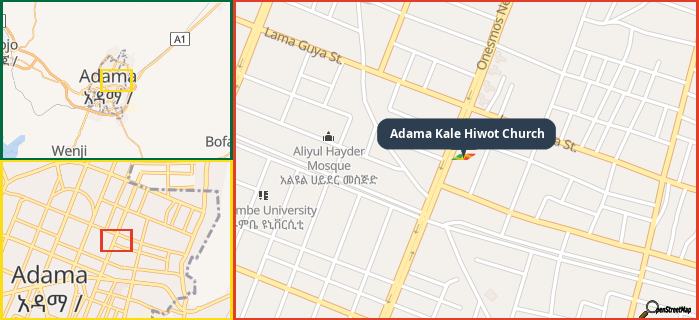 Map showing the address of Adama Kale Hiwot Church in three different zoom levels.