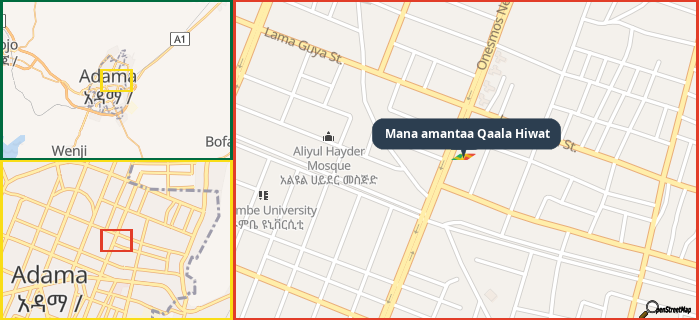 Map showing the address of Mana amantaa Qaala Hiwat in three different zoom levels.