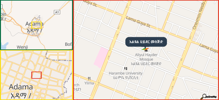 Map showing the address of አልዩል ሀይደር መስጅድ in three different zoom levels.