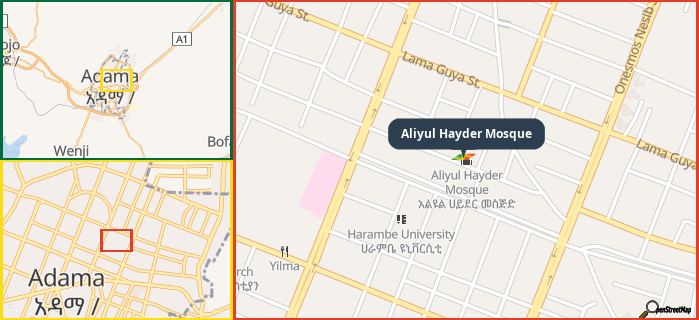 Map showing the address of Aliyul Hayder Mosque in three different zoom levels.
