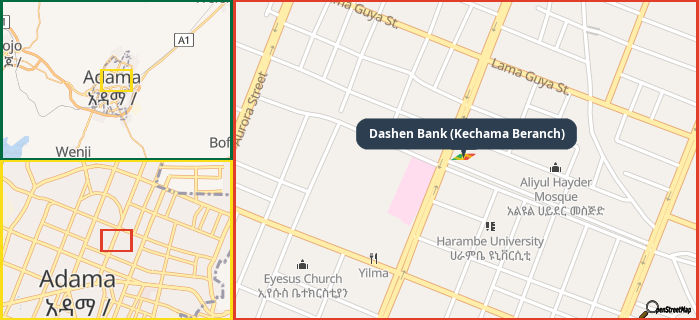 Map showing the address of Dashen Bank (Kechama Beranch) in three different zoom levels.