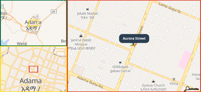 Map showing the address of Aurora Street in three different zoom levels.