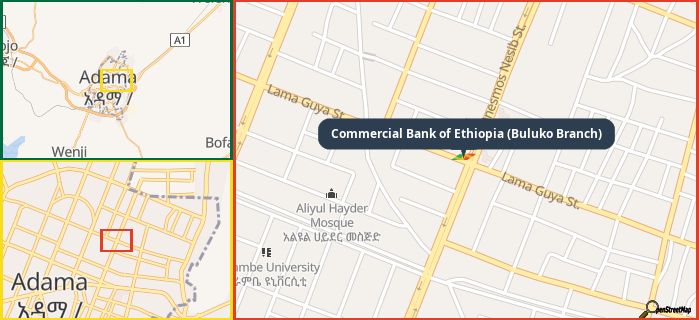 Map showing the address of Commercial Bank of Ethiopia (Buluko Branch) in three different zoom levels.