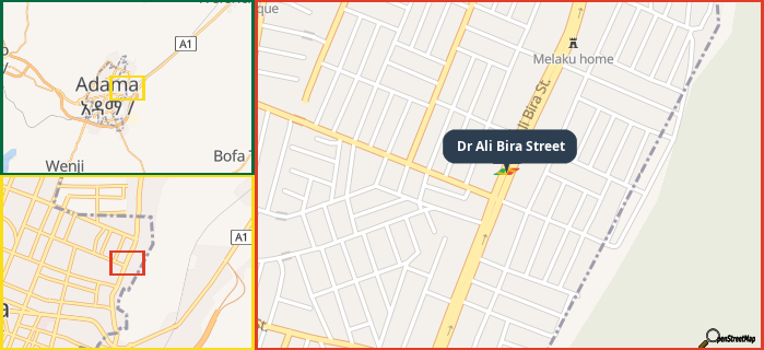 Map showing the address of Dr Ali Bira Street in three different zoom levels.