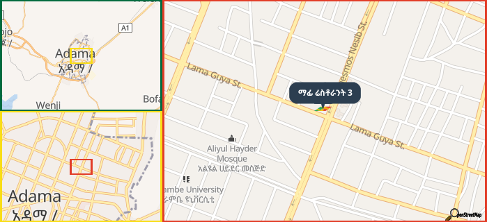 Map showing the address of ማፊ ሬስቶራንት 3 in three different zoom levels.