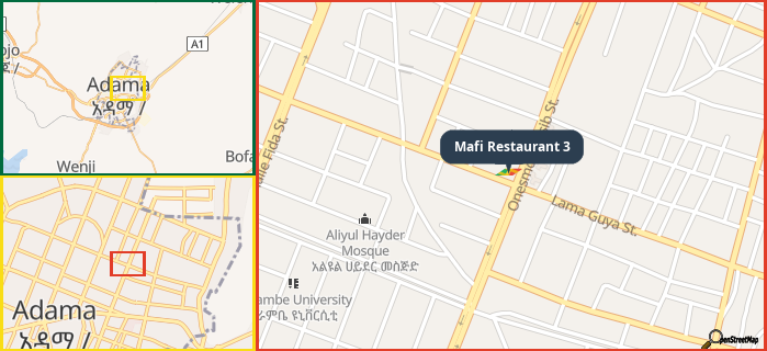 Map showing the address of Mafi Restaurant 3 in three different zoom levels.