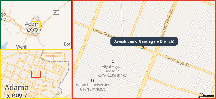 Map showing the address of Awash bank (Gandagara Branch) in three different zoom levels.