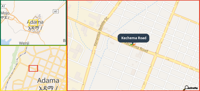 Map showing the address of Kechema Road in three different zoom levels.