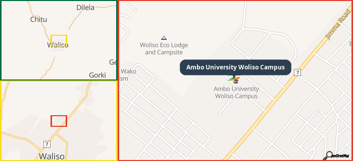 Map showing the address of Ambo University Woliso Campus in three different zoom levels.