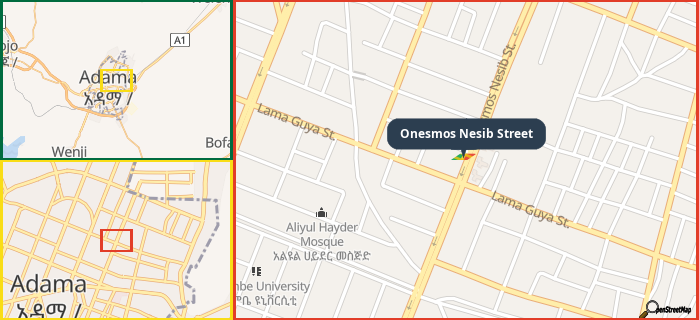 Map showing the address of Onesmos Nesib Street in three different zoom levels.