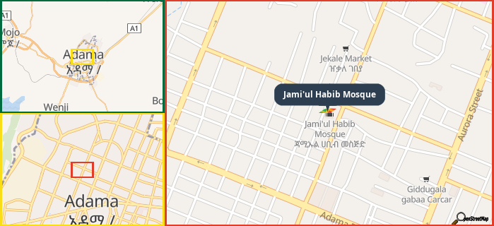 Map showing the address of Jami'ul Habib Mosque in three different zoom levels.
