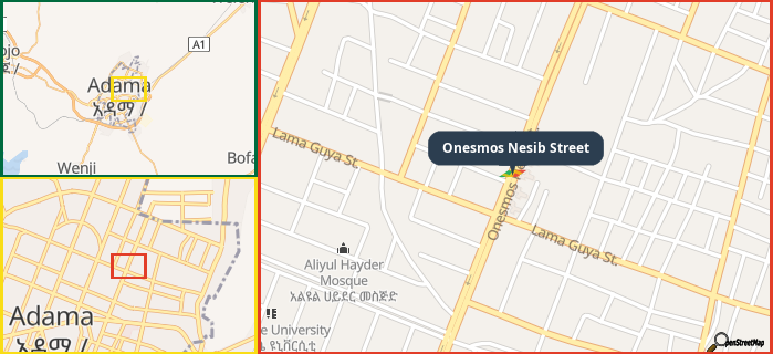Map showing the address of Onesmos Nesib Street in three different zoom levels.