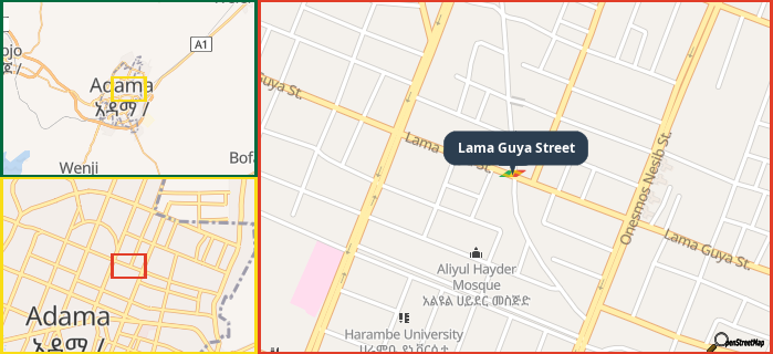 Map showing the address of Lama Guya Street in three different zoom levels.