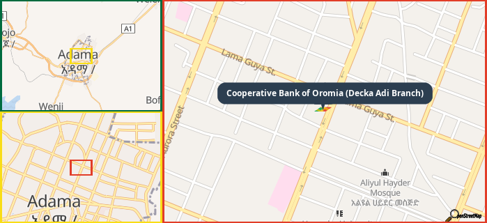 Map showing the address of Cooperative Bank of Oromia (Decka Adi Branch) in three different zoom levels.