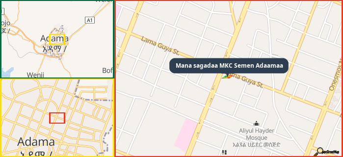 Map showing the address of Mana sagadaa MKC Semen Adaamaa in three different zoom levels.