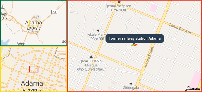 Map showing the address of former railway station Adama in three different zoom levels.