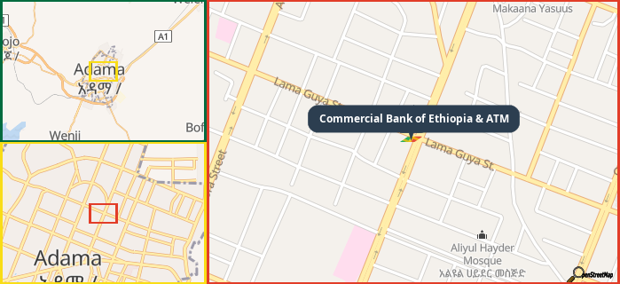 Map showing the address of Commercial Bank of Ethiopia & ATM in three different zoom levels.