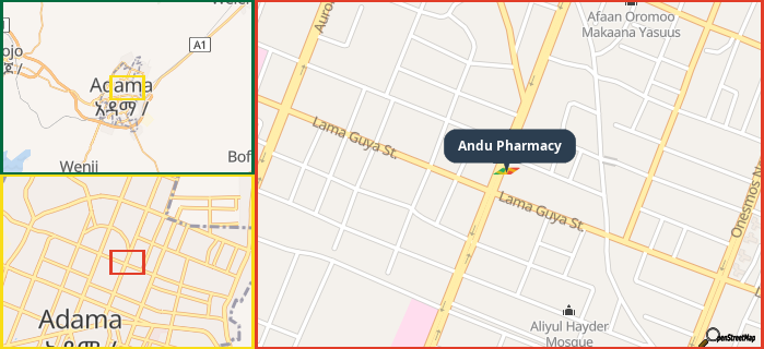 Map showing the address of Andu Pharmacy in three different zoom levels.