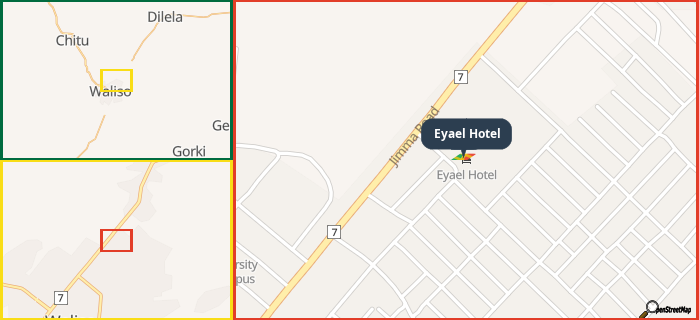 Map showing the address of Eyael Hotel in three different zoom levels.