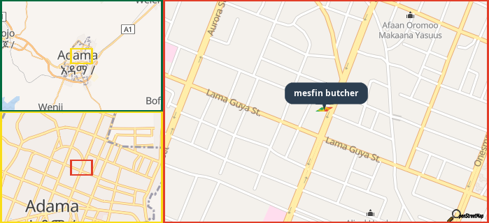 Map showing the address of mesfin butcher in three different zoom levels.
