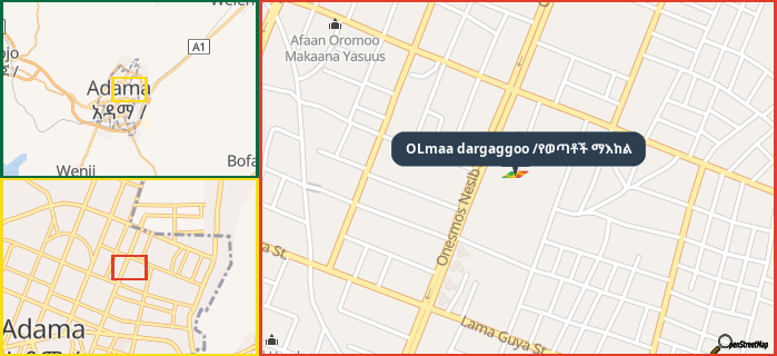 Map showing the address of OLmaa dargaggoo /የወጣቶች ማእከል in three different zoom levels.