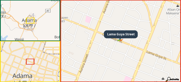 Map showing the address of Lama Guya Street in three different zoom levels.