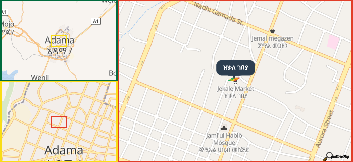 Map showing the address of ዠቃለ ገበያ in three different zoom levels.