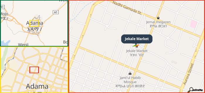 Map showing the address of Jekale Market in three different zoom levels.
