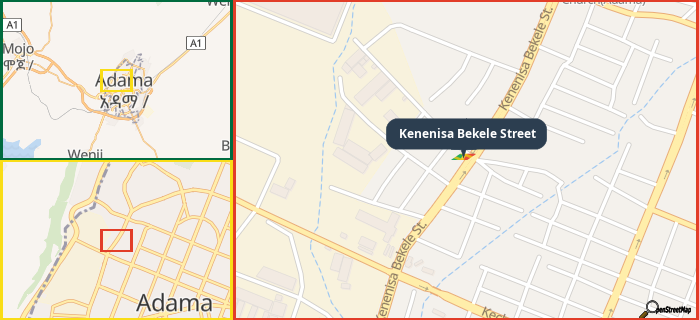 Map showing the address of Kenenisa Bekele Street in three different zoom levels.