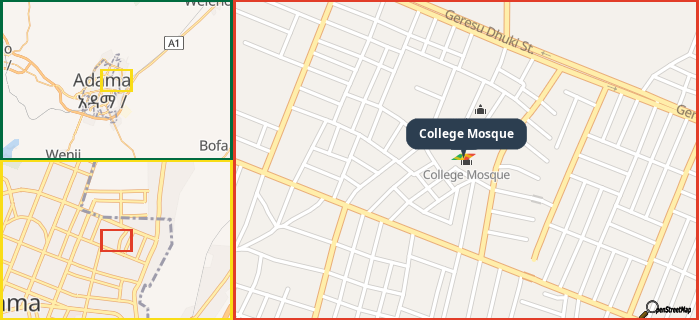Map showing the address of College Mosque in three different zoom levels.