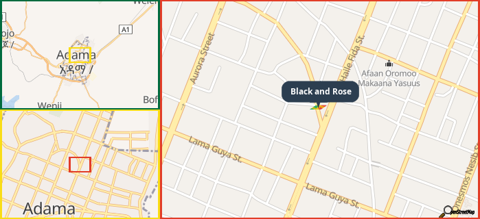 Map showing the address of Black and Rose in three different zoom levels.