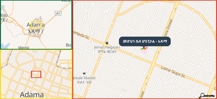 Map showing the address of መድህን ቤዛ ሆስፒታል - አዳማ in three different zoom levels.