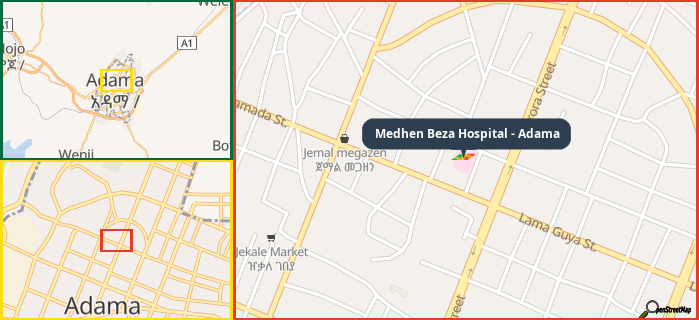 Map showing the address of Medhen Beza Hospital - Adama in three different zoom levels.