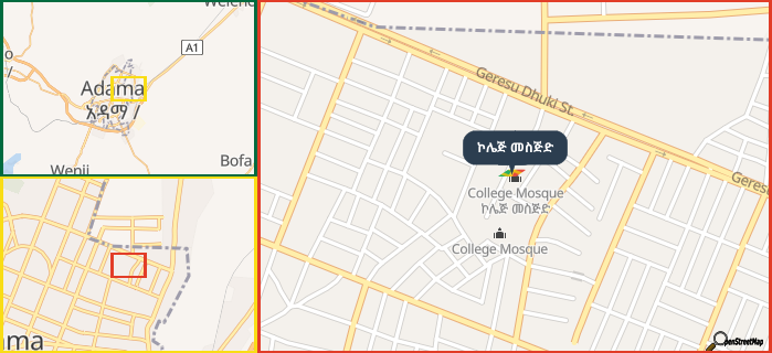 Map showing the address of ኮሌጅ መስጅድ in three different zoom levels.