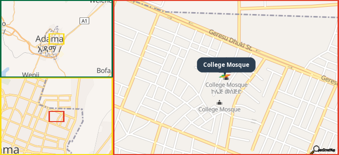 Map showing the address of College Mosque in three different zoom levels.