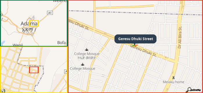 Map showing the address of Geresu Dhuki Street in three different zoom levels.