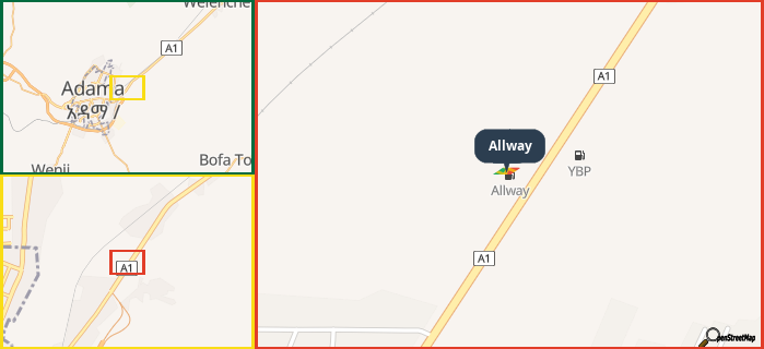 Map showing the address of Allway in three different zoom levels.