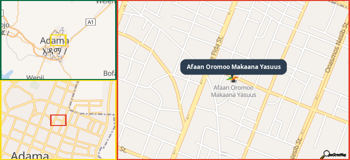 Map showing the address of Afaan Oromoo Makaana Yasuus in three different zoom levels.