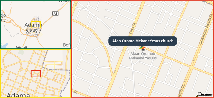 Map showing the address of Afan Oromo MekaneYesus church in three different zoom levels.