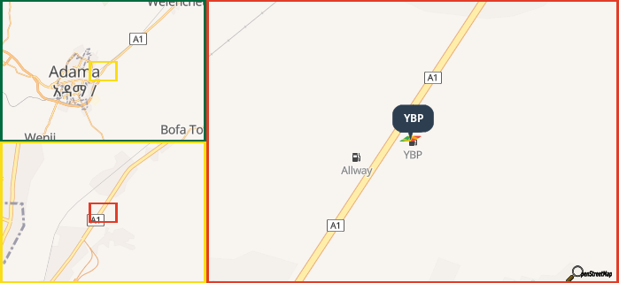 Map showing the address of YBP in three different zoom levels.