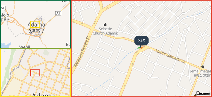 Map showing the address of አሪፍ in three different zoom levels.