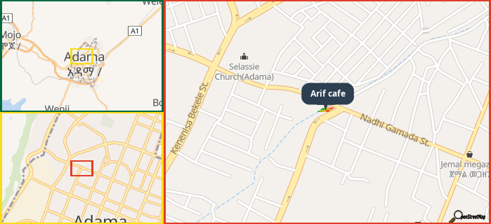 Map showing the address of Arif cafe in three different zoom levels.