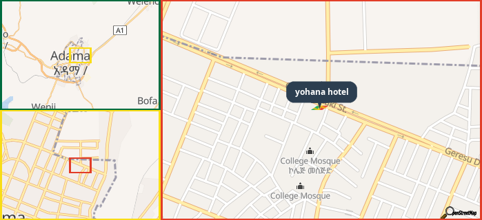 Map showing the address of yohana hotel in three different zoom levels.