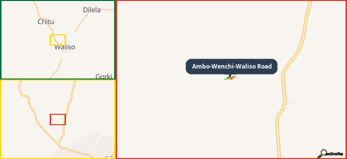 Map showing the address of Ambo-Wenchi-Waliso Road in three different zoom levels.