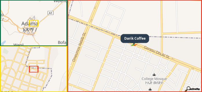 Map showing the address of Darik Coffee in three different zoom levels.