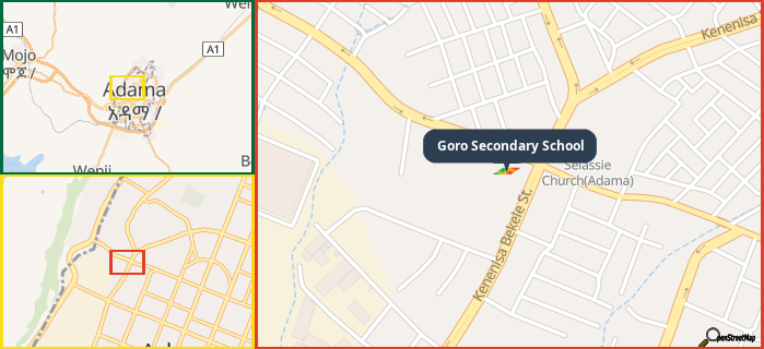 Map showing the address of Goro Secondary School in three different zoom levels.