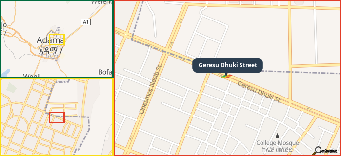 Map showing the address of Geresu Dhuki Street in three different zoom levels.