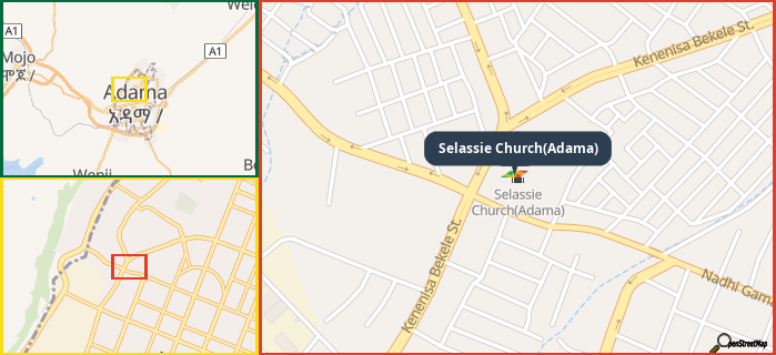 Map showing the address of Selassie Church(Adama)  in three different zoom levels.