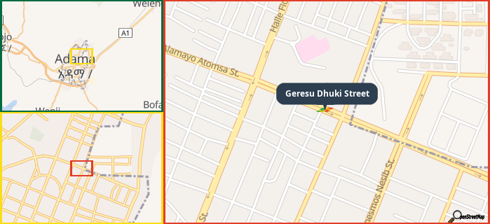 Map showing the address of Geresu Dhuki Street in three different zoom levels.